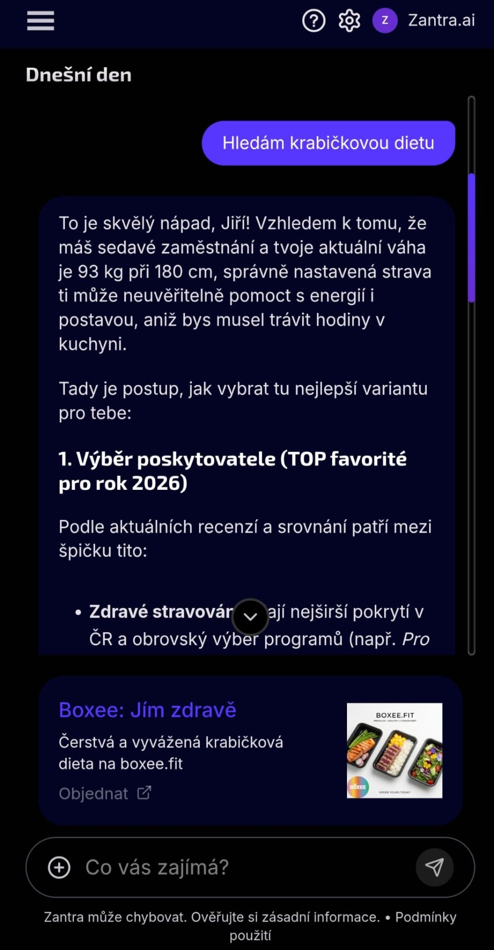 Ukázka reklamy Zantra Ads v mobilní AI konverzaci – krabičková dieta